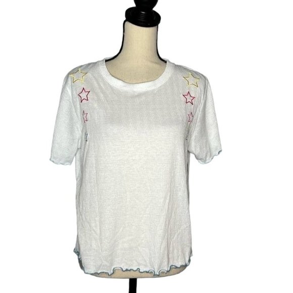 Emerson Road White Star Print Short Sleeve Shirt Women's Size Large L - Picture 1 of 7
